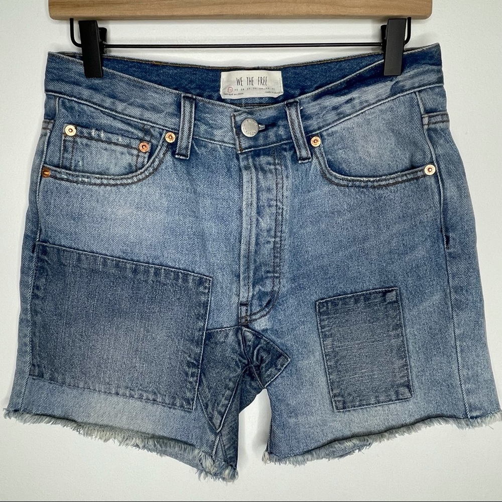 Free People Distressed Patchwork High Rise Denim Shorts 24